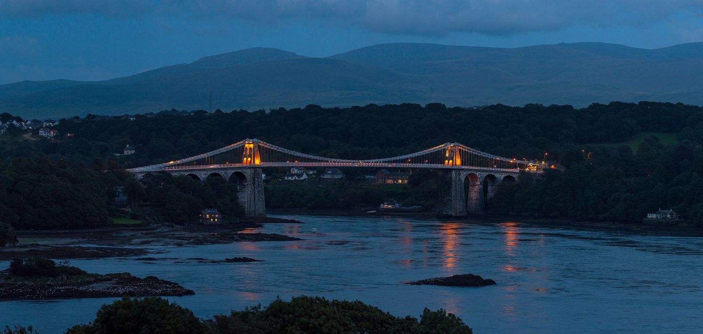 Menai Suspension Bridge at night, 2019